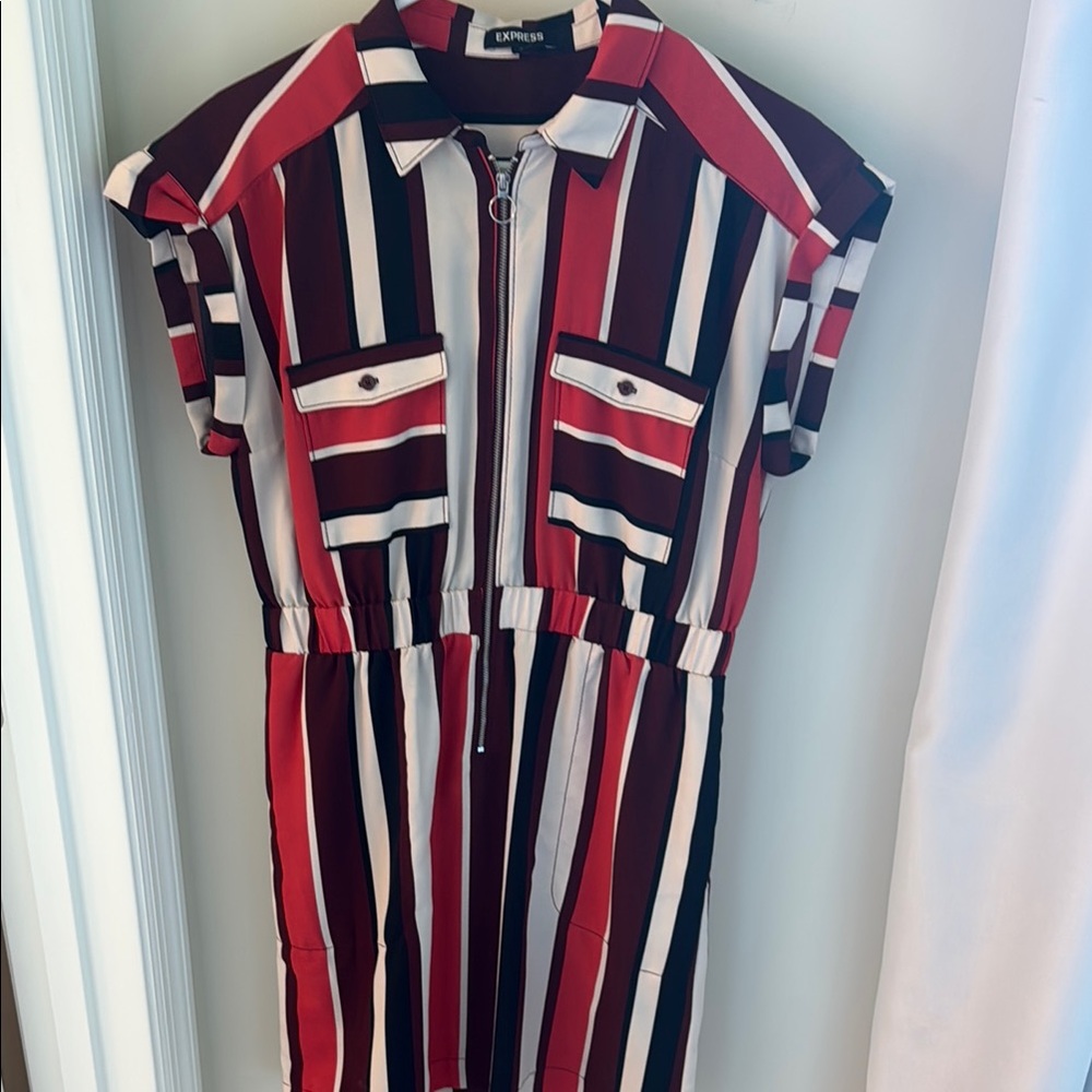 Express Women's Striped Dress - Burgundy, Black, and White